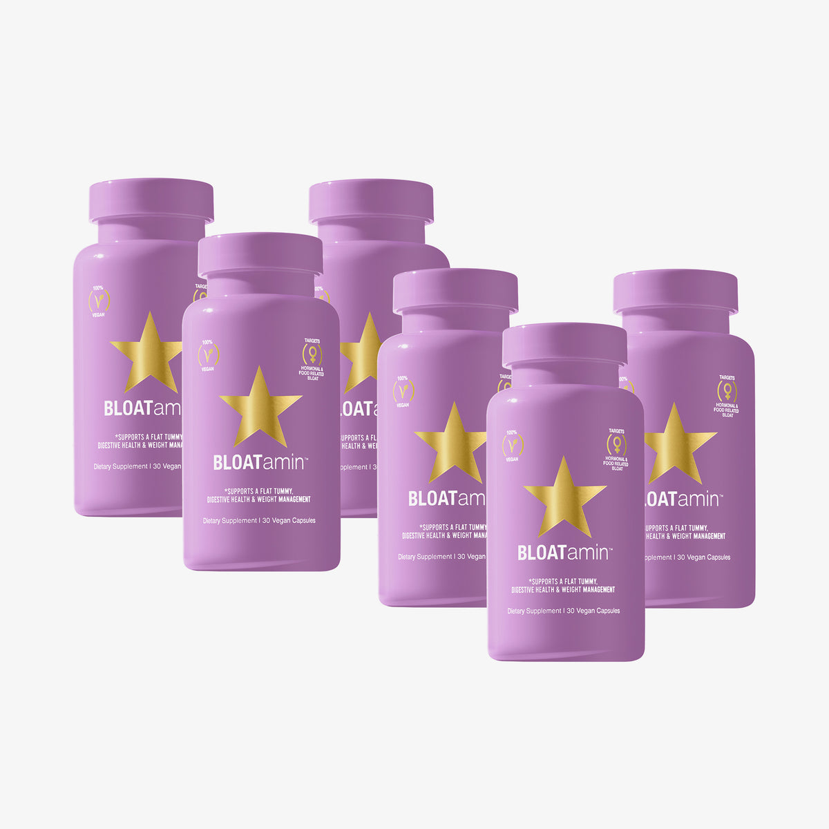 BLOATamin™ 6 Month Bundle bestehend aus sechs violetten Flaschen BLOATamin™ von HAIRtamin.