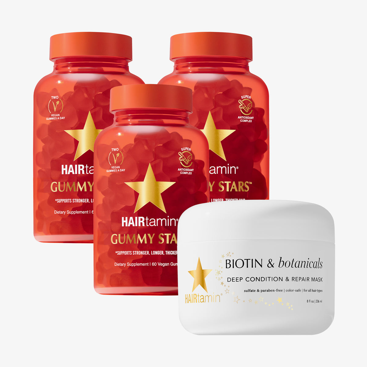 Das Gummy Growth Repair Bundle bestehend aus drei roten Flaschen Gummy Stars und der Biotin & Botanicals Deep Condition & Repair Hair Mask.