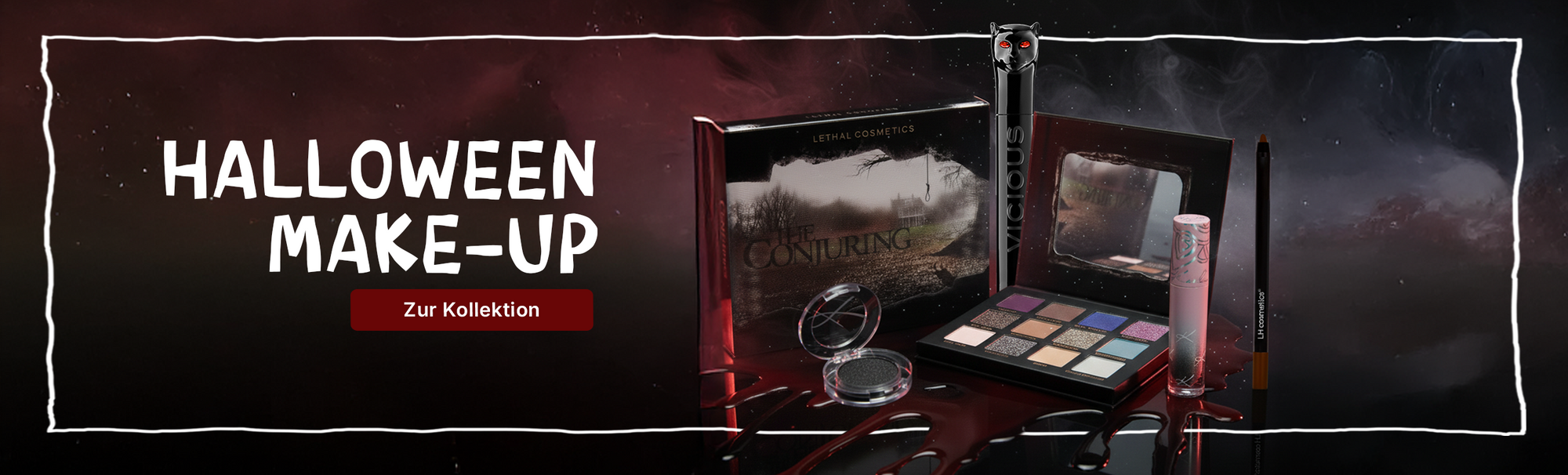 Make up Produkte wie Lethal Cosmetics Conjuring Palette, Vicious Mascara, Crayon und weitere Produkten vor rot-schwarzem Hintergrund.