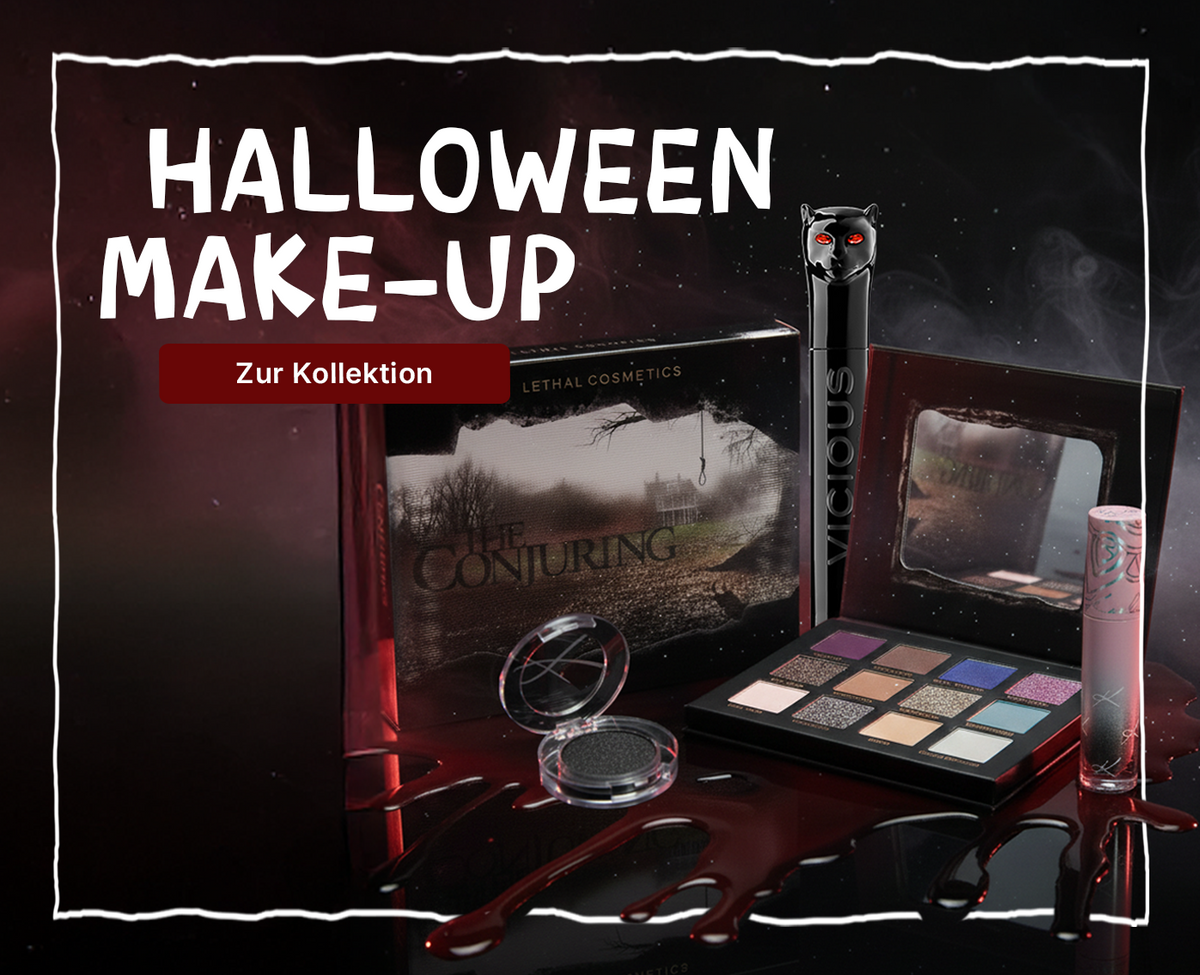 Make up Produkte wie Lethal Cosmetics Conjuring Palette, Vicious Mascara, Crayon und weitere Produkten vor rot-schwarzem Hintergrund.