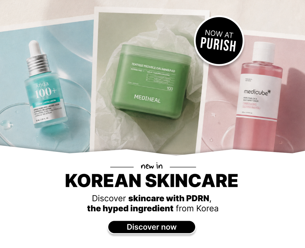 Drei koreanische Hautpflegeprodukte, die mit einem Werbetext für den Wirkstoff PDRN präsentiert werden und ab sofort bei Purish erhältlich sind.