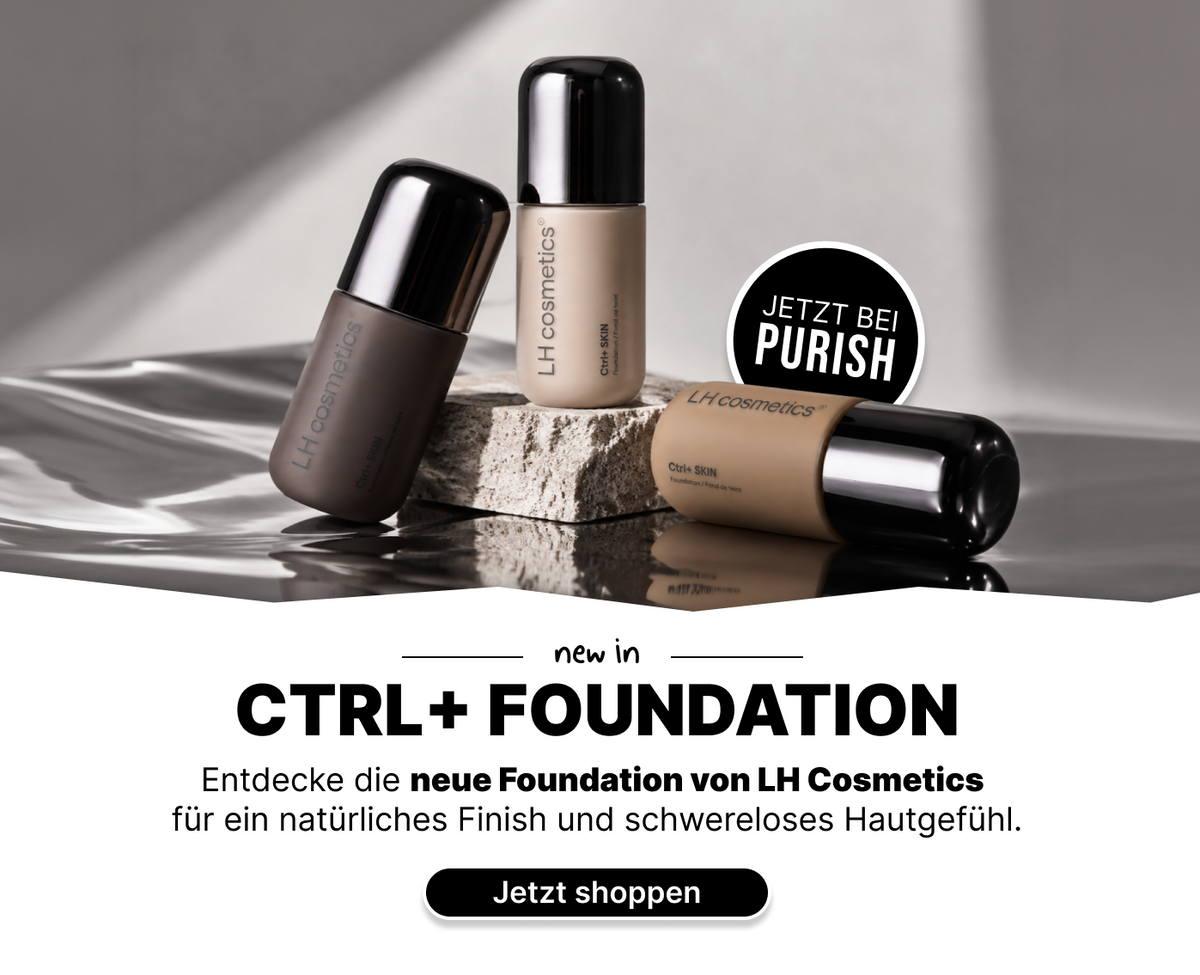Werbebanner zur neuen LH cosmetics Ctrl+ SKIN Foundation mit drei Foundation-Flakons in verschiedenen Farbtönen und dem Text „Jetzt bei PURISH“.