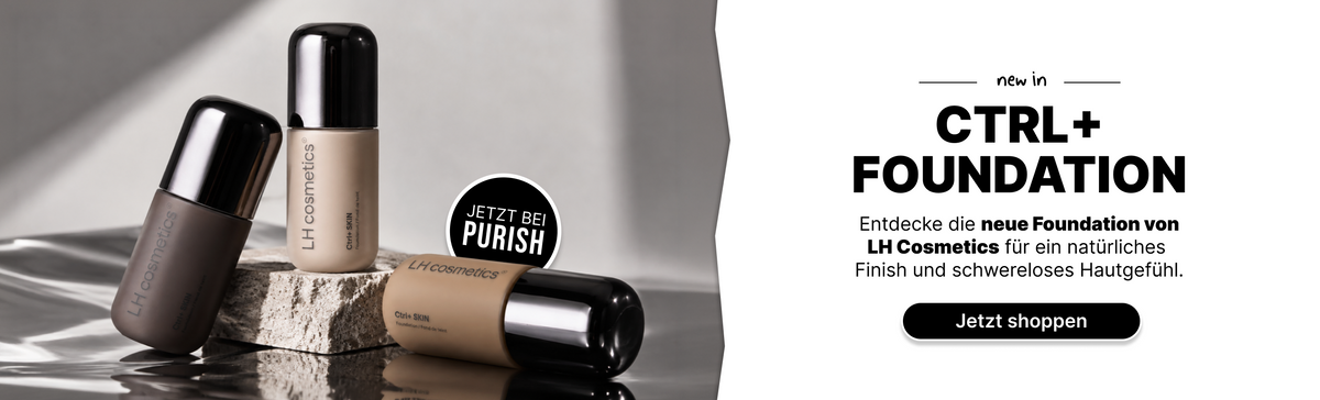 Werbebanner zur neuen LH cosmetics Ctrl+ SKIN Foundation mit drei Foundation-Flakons in verschiedenen Farbtönen und dem Text „Jetzt bei PURISH“.
