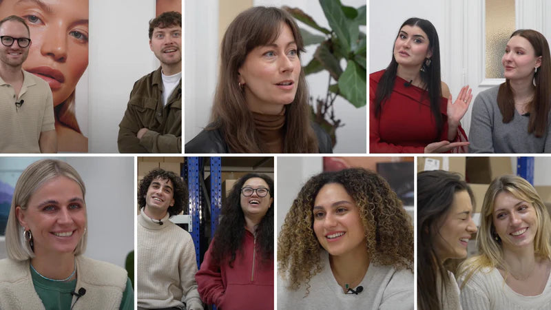 Collage von acht Personen in unterschiedlichen Situationen, die lächeln und sich miteinander unterhalten.