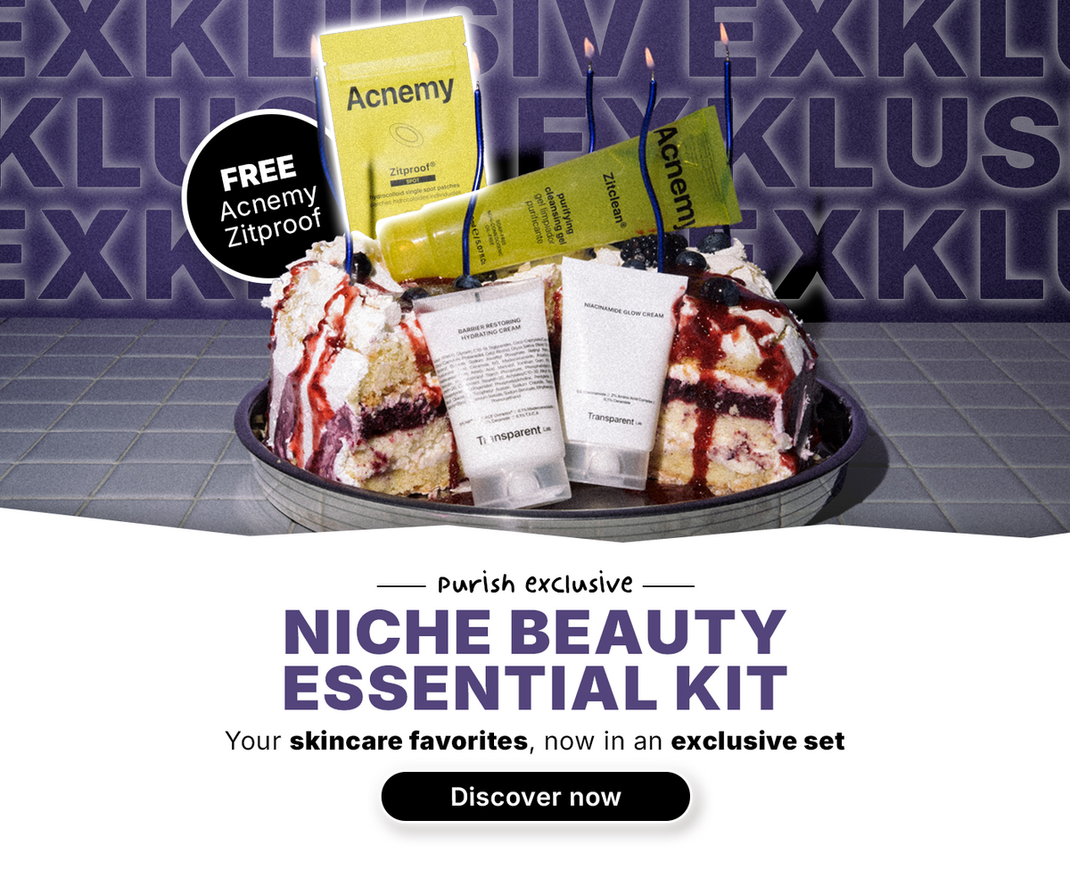 Produkte eines exklusiven Hautpflegesets, präsentiert auf einem Eisbecher, vor einem violetten „EXKLUSIV“-Hintergrund und mit Produktbeschreibungen darunter.