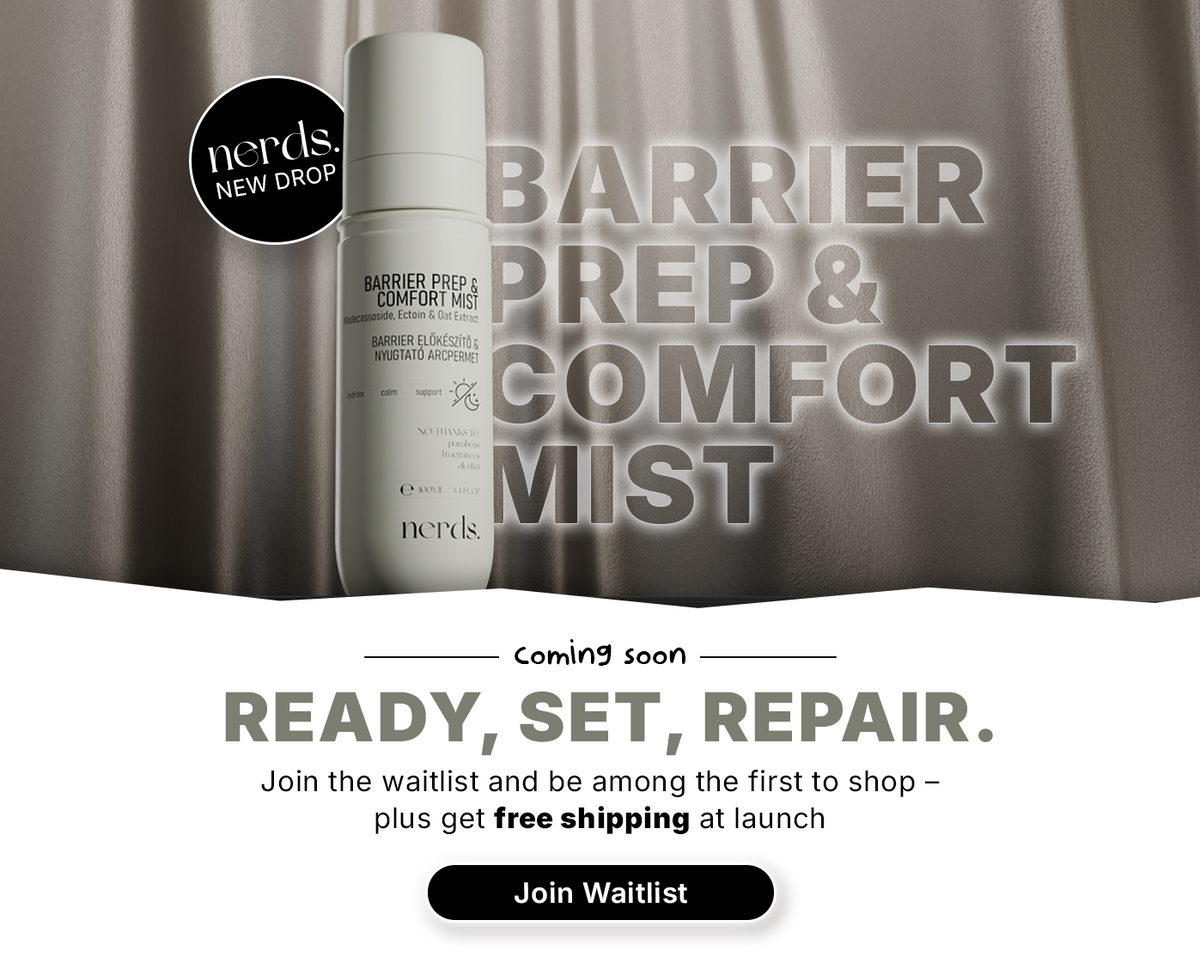 Ein Fläschchen mit dem Text BARRIER PREP & COMFORT MIST und einer Schaltfläche Join Waitlist unten.