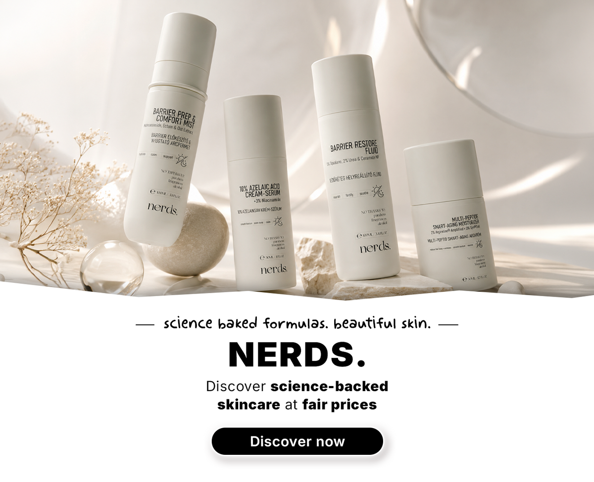 Vier weiße Hautpflegeprodukte von Nerds, präsentiert vor einem beigen Hintergrund mit dekorativen Elementen und einem Werbetext darunter.