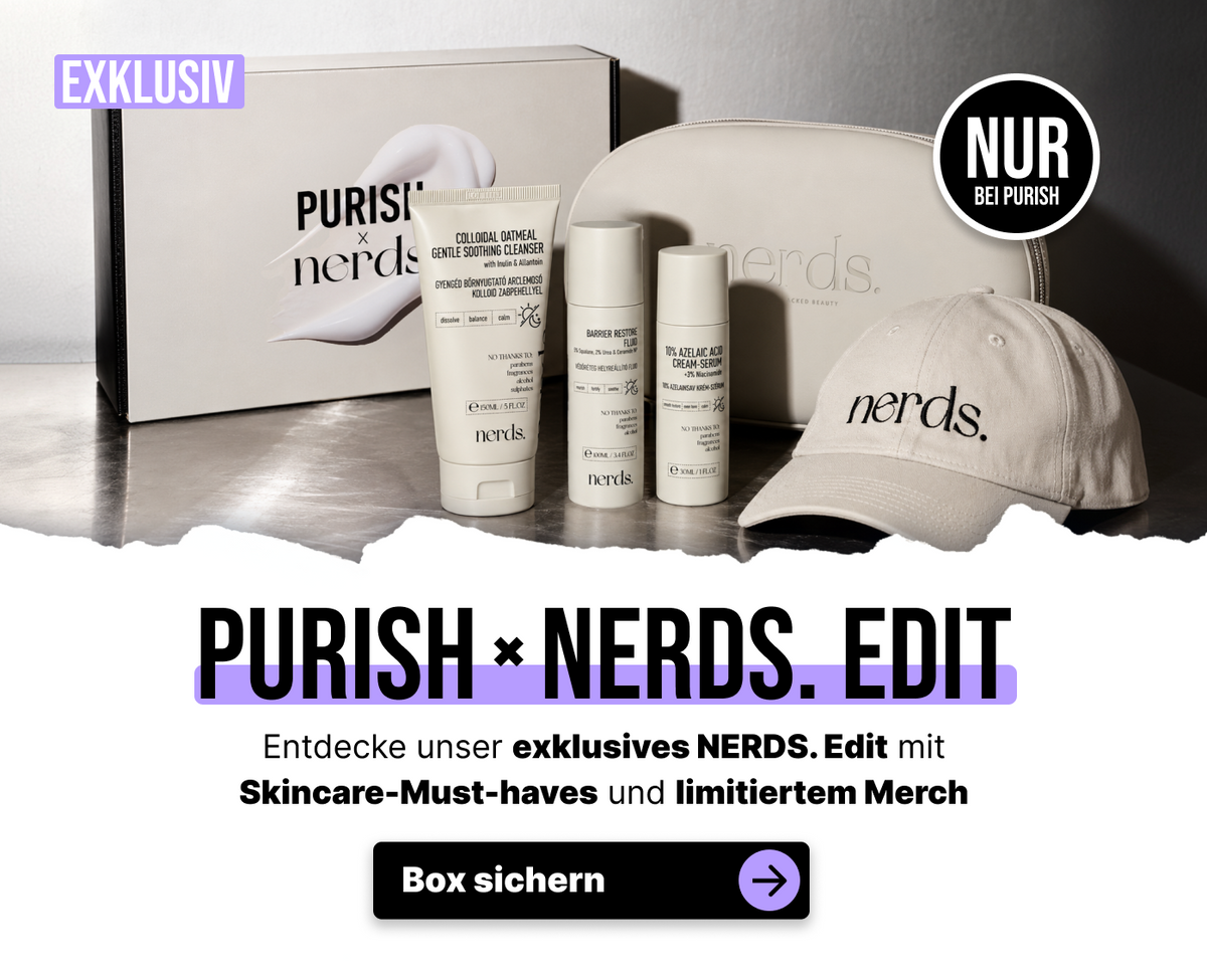 Purish x Nerds Hautpflegeset mit drei Tuben, einem Beutel mit Reißverschluss und einer Baseballkappe.