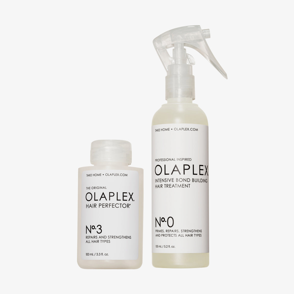 Das Ultimate Repair Mini Set von OLAPLEX bestehend aus dem N°3 Hair Perfector und dem N°0 Intensive Bond Building Hair Treatment.