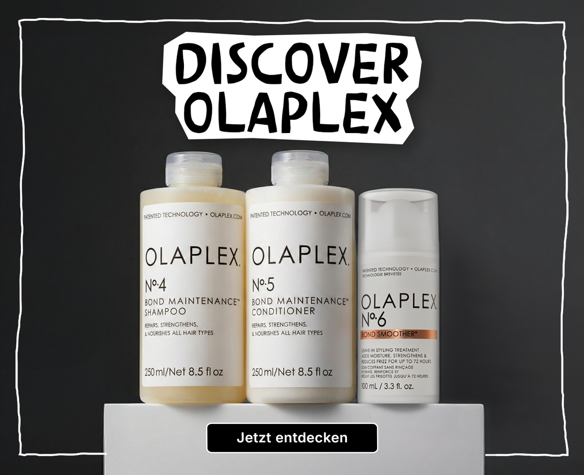 Olaplex Banner mit Shampoo, Conditioner und Leave-in Treatment sowie ‚Discover Olaplex‘ und Button ‚Jetzt entdecken‘