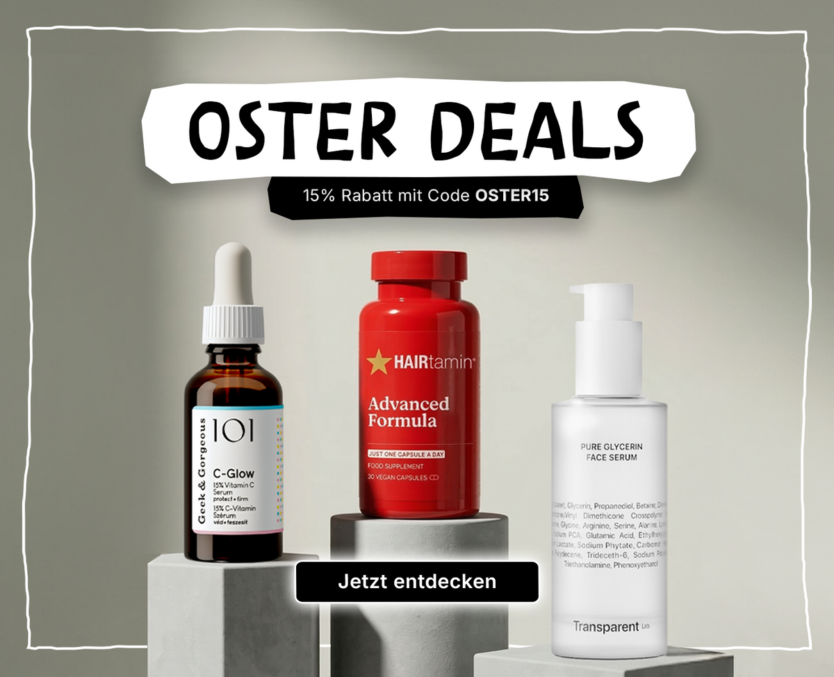 Geek & Gorgeous C-Glow, HAIRtamin Acvanced Formula und Transparent Lab Pure Glycerin auf Sockeln mit Text: Oster Deals, 15% Rabatt mit Code OSTER15.