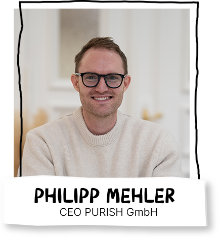 Ein lächelnder Mann mit Brille und hellem Pullover, mit Text: Philipp Mehler, Geschäftsführer PURISH GmbH.