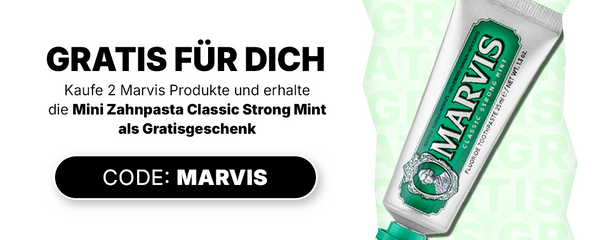 Marvis-Zahnpasta-Tube mit Sonderangebot: Beim Kauf von 2 Marvis-Produkten erhalten Sie eine Mini-Zahnpasta gratis dazu. Code: MARVIS.
