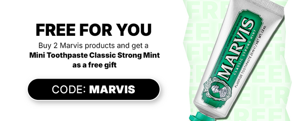 Marvis-Zahnpasta-Angebot: 2 kaufen, eine Mini-Tube „Classic Strong Mint“ gratis dazu. Geben Sie den Code MARVIS ein. Abbildung der Tube rechts.