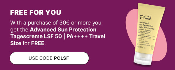 Free Paula’s Choice Advanced Sun Protection Tagescreme LSF 50 with 30€+ purchases at Paula's Choice – use code PCLSF, shown on purple background with product.
