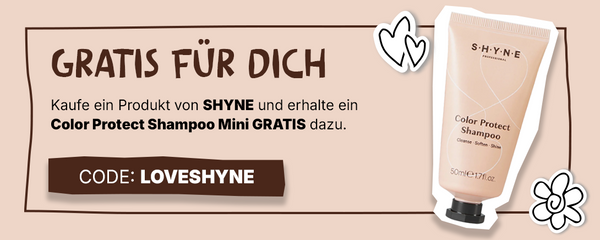 Promo-Bild: Gratis Mini-Shampoo beim Kauf von SHYNE. Code: LOVESHYNE. Beige-braunes Design mit Kritzeleien.