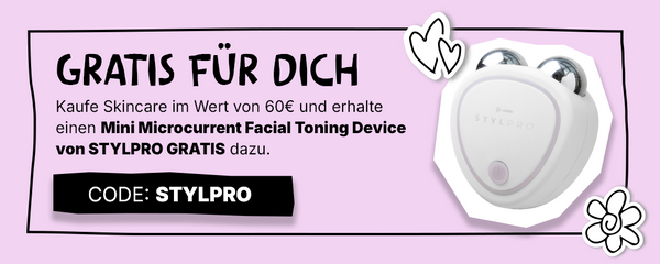 Deutsche Anzeige: Kostenloses Hautpflegegerät beim Kauf von 60 €, mit Abbildung des STYLPRO-Gesichtsstraffungsgeräts.