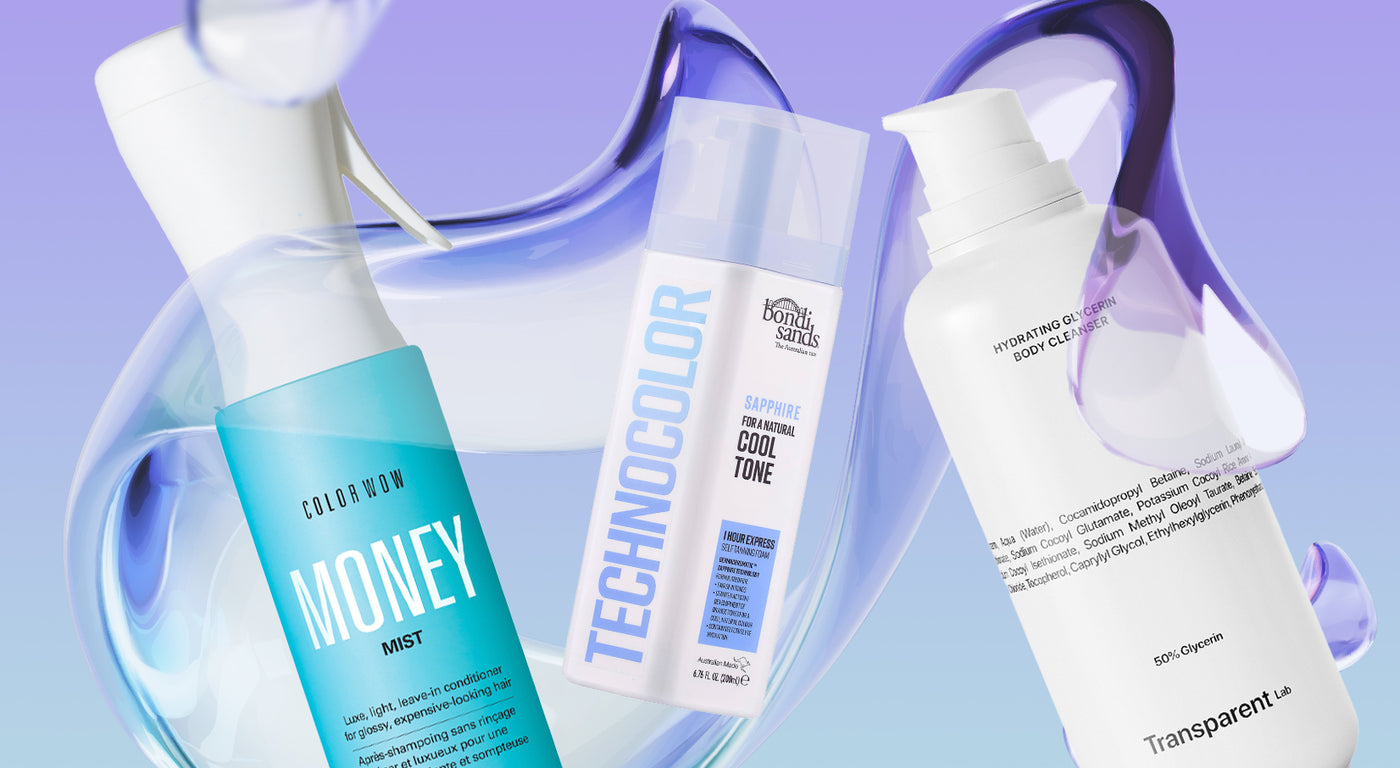 Drei Pflegeprodukte vor einem lila-blauen Hintergrund: ein Color Wow Money Mist, ein Bondi Sands Technocolor Produkt und ein Transparent Lab Body Cleanser.