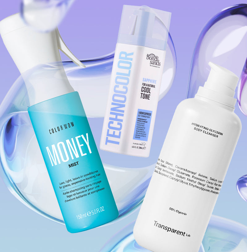 Drei Pflegeprodukte vor einem lila-blauen Hintergrund: ein Color Wow Money Mist, ein Bondi Sands Technocolor Produkt und ein Transparent Lab Body Cleanser.