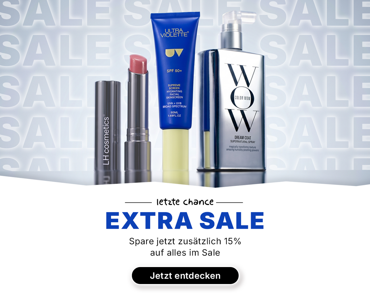 Extra Sale Banner mit LH Cosmetics Lippenstift, Ultra Violette SPF 50+ Sonnencreme und Color Wow Dream Coat Spray sowie Hinweis auf zusätzlich 15 % Rabatt im Sale.