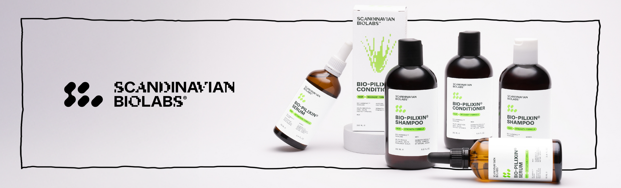 Scandinavian Biolabs Bio-Pilixin Shampoo, Conditioner und Serum als Produktgruppe auf hellem Hintergrund arrangiert.