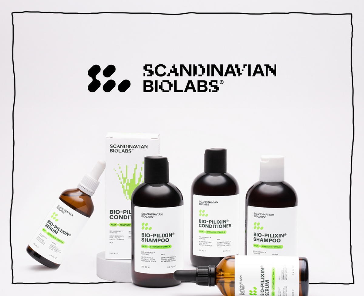 Scandinavian Biolabs Bio-Pilixin Shampoo, Conditioner und Serum als Produktgruppe auf hellem Hintergrund arrangiert.