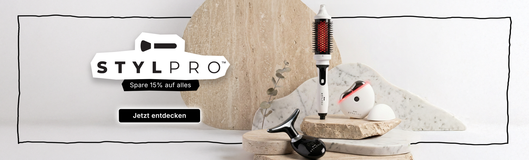 STYLPRO Haarstylinggeräte und -produkte mit einem Rabattangebot von 15% in deutscher Sprache.