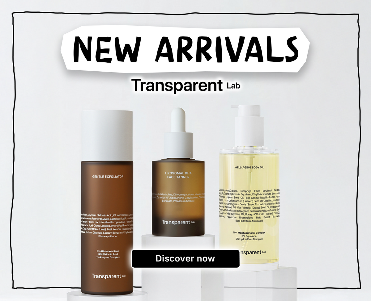 3 Produkte von Transparent Lab mit weißem Hintergrund, dazu Überschirft "New Arrivals" und Button "Discover Now".