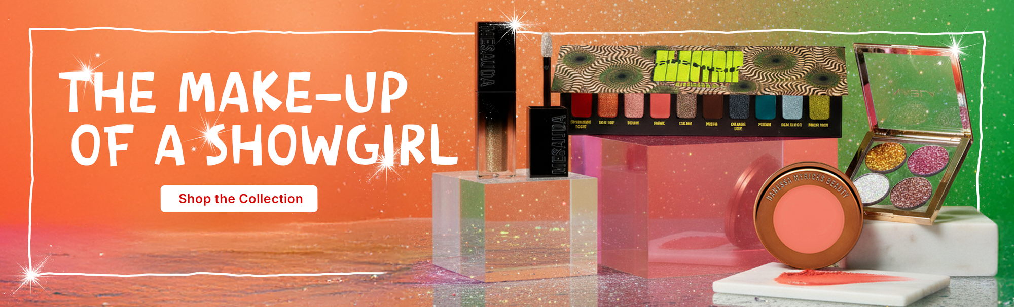 Colorful make-up products including eyeshadow palettes, lip gloss and blush in front of a glittering background with text 'The Make-up of a Showgirl'.