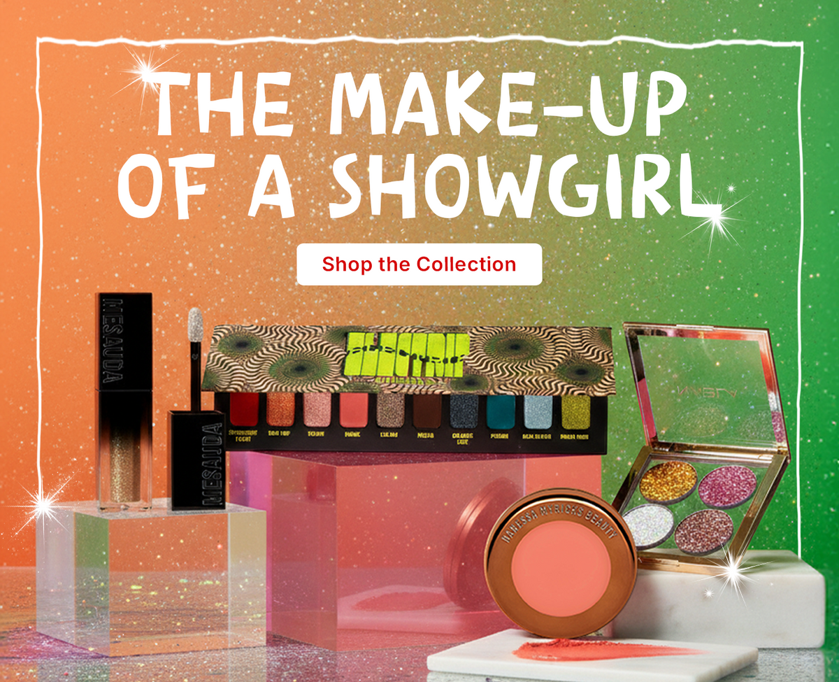 Colorful make-up products including eyeshadow palettes, lip gloss and blush in front of a glittering background with text 'The Make-up of a Showgirl'.