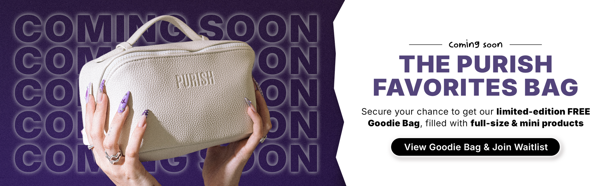 Vor einem violetten Hintergrund, hinter dem der Schriftzug „COMING SOON“ zu sehen ist, halten Hände eine cremefarbene Purish-Tasche in die Kamera.