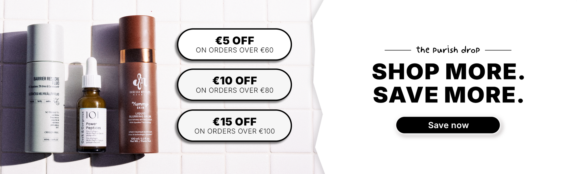 Vier Hautpflegeprodukte und dazu Rabattangebote: 5 €, 10 € und 15 € Rabatt bei Bestellungen ab 60 € bzw. 100 €. Mehr einkaufen. Mehr sparen.