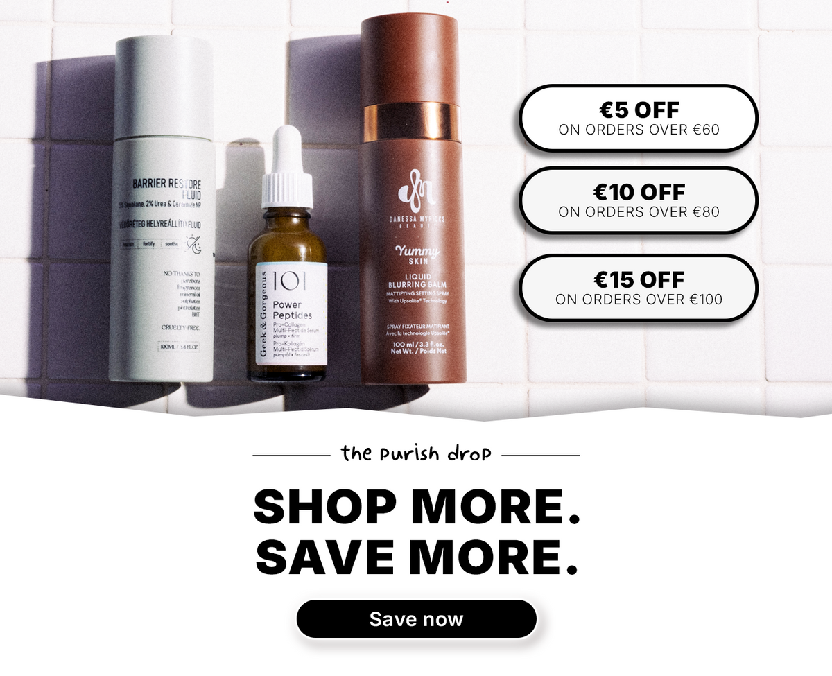 Drei Hautpflegeprodukte mit Rabattangeboten: 5 €, 10 € und 15 € Rabatt bei Bestellungen ab 60 €, 90 € und 120 €.