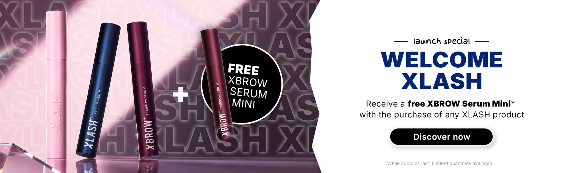 Links vier Tuben Xlash- und Xbrow-Serum, rechts ein Einführungsangebot mit einem kostenlosen Xbrow-Serum-Mini.
