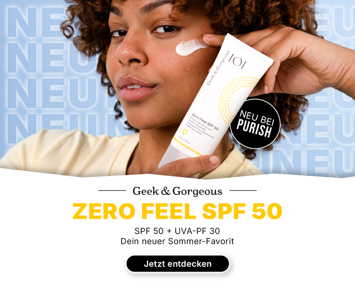 Werbebanner für den Geek & Gorgeous Zero Feel SPF 50. Eine Person trägt Sonnencreme auf die Wange auf und hält die SPF-50-Creme in die Kamera.