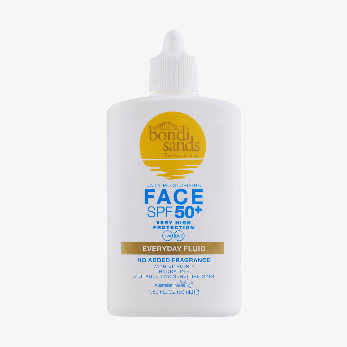 Weiße Flasche Bondi Sands SPF 50+ Everyday Face Fluid Sonnenschutzmittel mit spitzem Deckel und blau-gelbem Text.