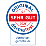 Ein rundes Dermatest-Siegel mit der Aufschrift SEHR GUT 2026 und der Website dermatest-garantie.de darunter.