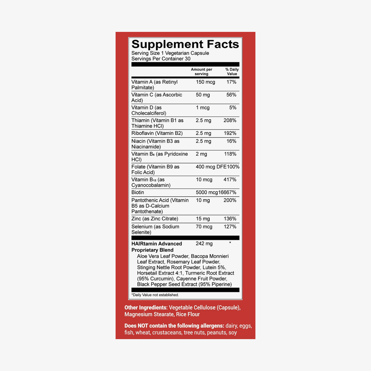 Auf dem Etikett des PURISH Kevin Testproduct Supplement Facts sind Vitamine, Mineralien und eine spezielle Mischung für die Gesundheit der Haare aufgeführt.