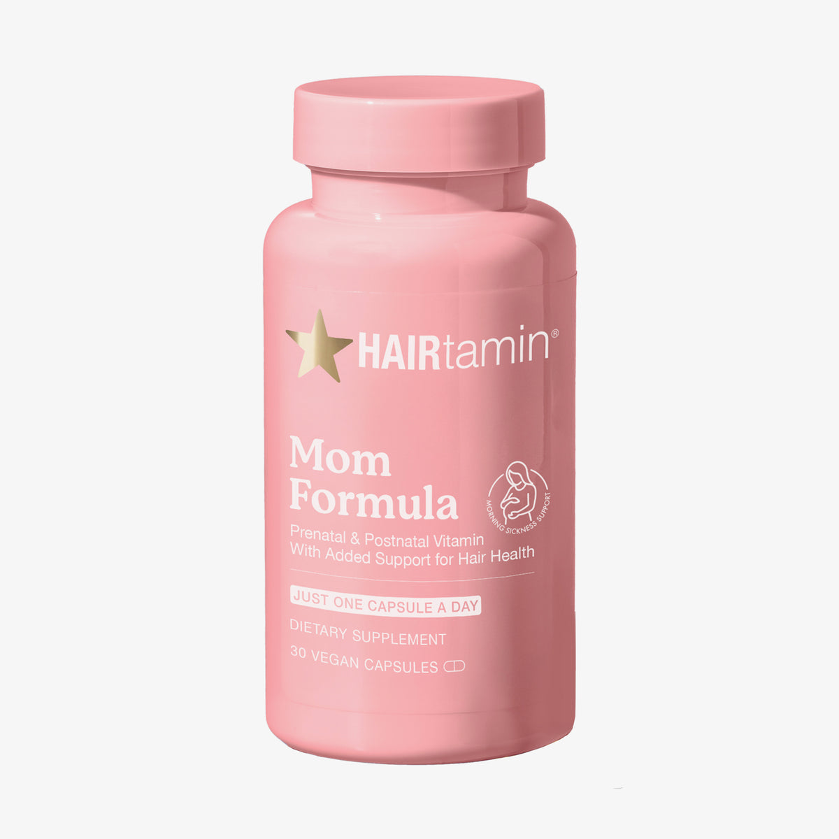 Eine rose Flasche HAIRtamin Mom Formula auf weißem Hintergrund.