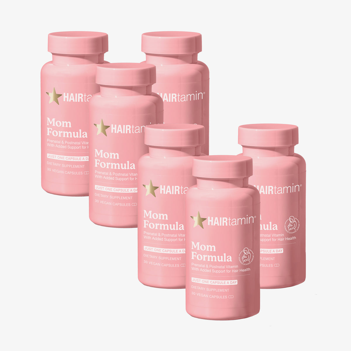 Sechs Flaschen des HAIRtamin Mom Formula arrangiert auf weißem Hintergrund.