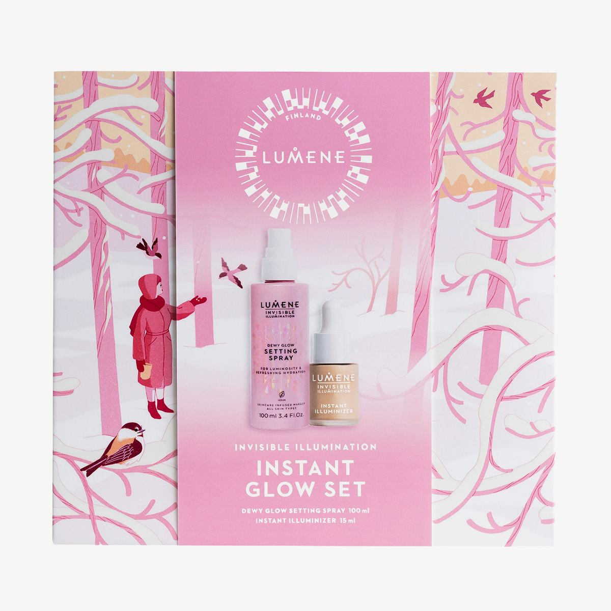 Das Lumene Invisible Illumination Luminous Glow Set 2025 enthält zwei Produkte in einer rosafarbenen Verpackung mit Winterwaldmotiv.