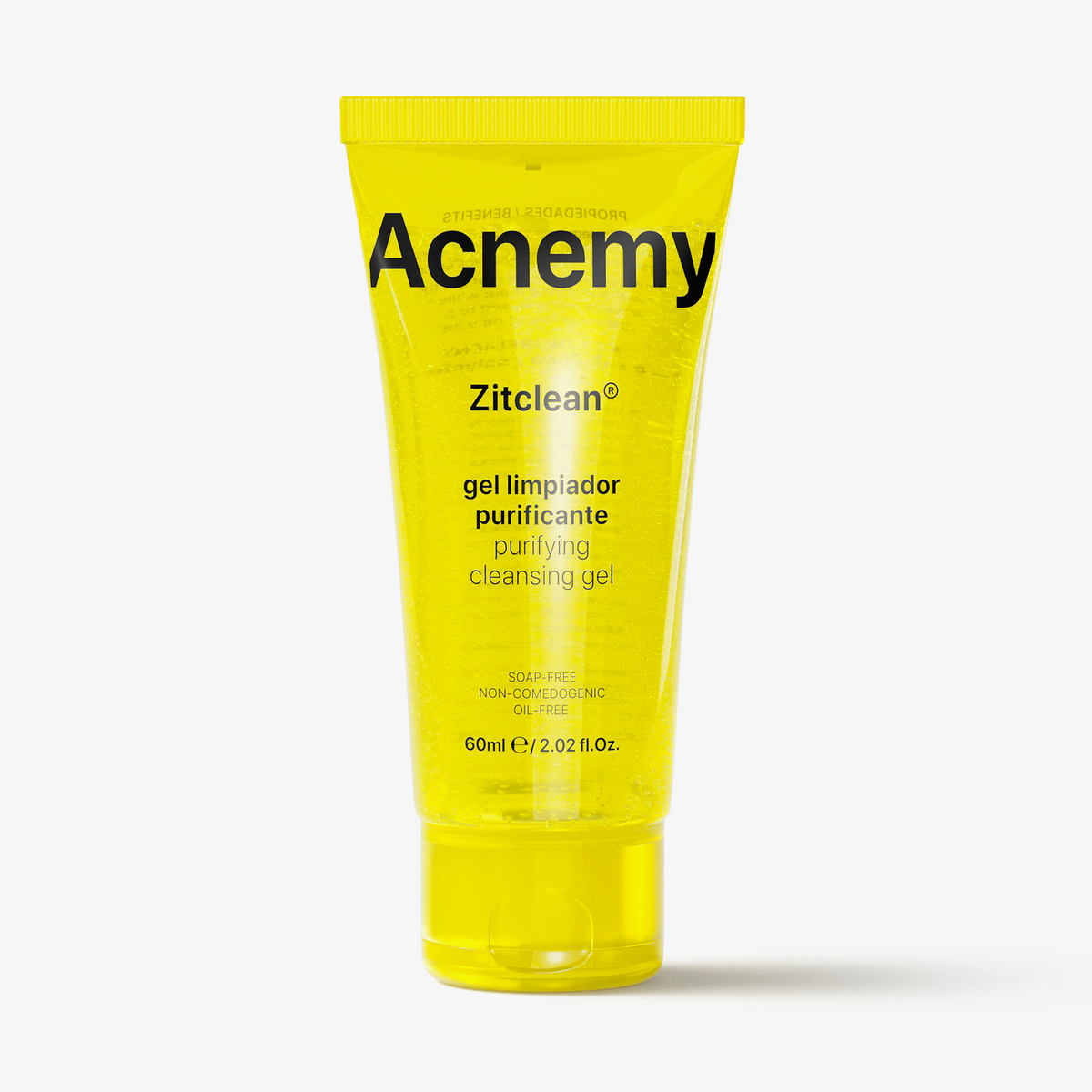 Eine leicht transparente gelbe Tube Acnemy Zitclean Mini vor weißem Hintergrund