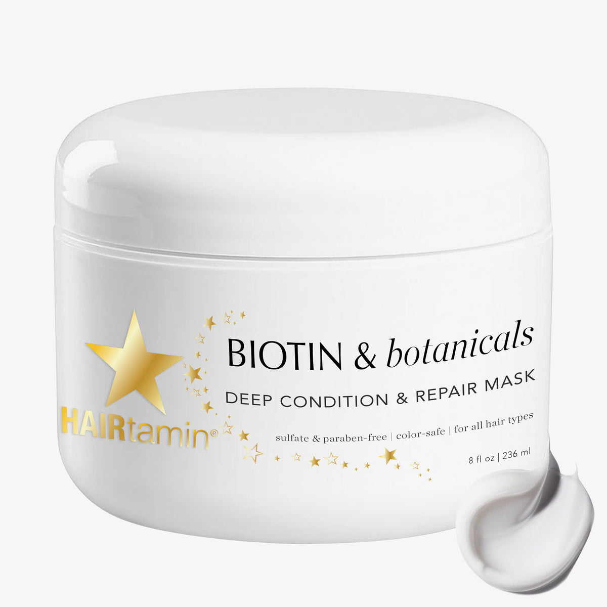 1x HAIRtamin Biotin & Botanicals Deep Condition & Repair Haarmaske mit einem Klecks Haarmaske.