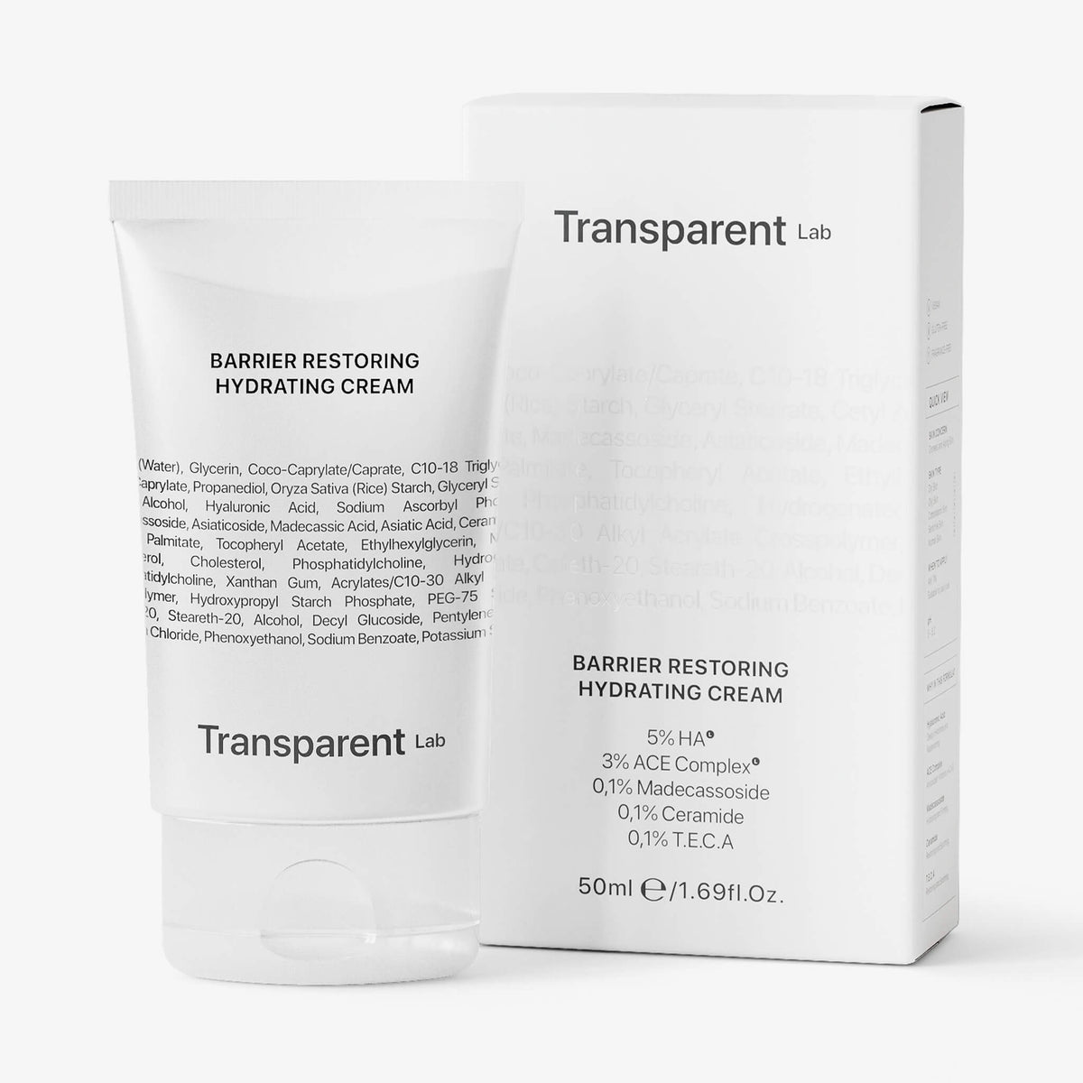 Transparent Lab Barrier Restoring Hydrating Cream und Verpackung vor weißem Hintergrund