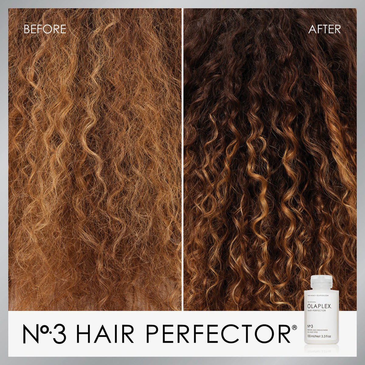 Vorher/Nachher Vergleich mit OLAPLEX No.3 Hair Perfector bei braunen, lockigen Haaren.