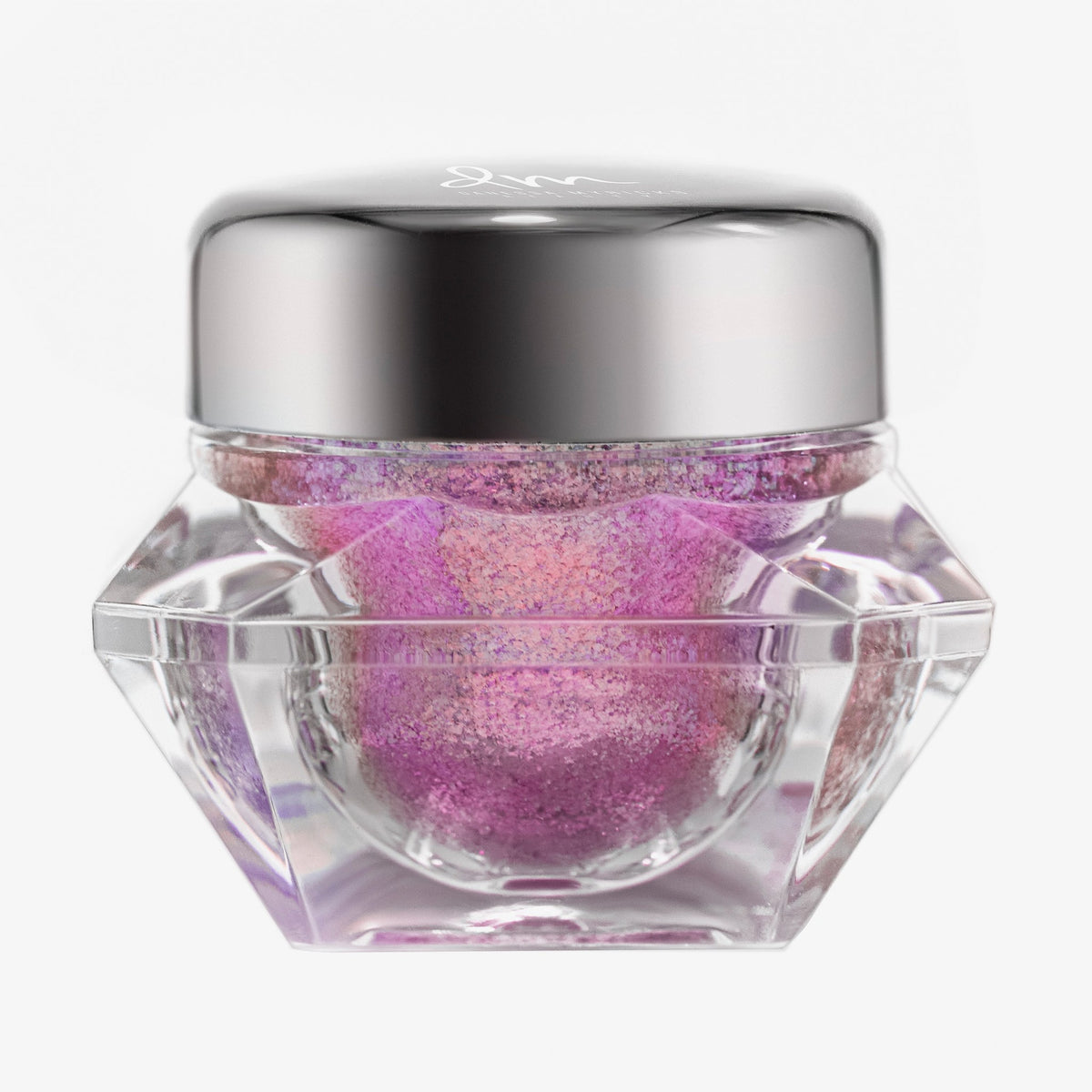 Transparenter Tiegel Infinite Chrome Flakes Cupid mit pink schillerndem Inhalt und silbernem Deckel vor weißem Hintergrund.