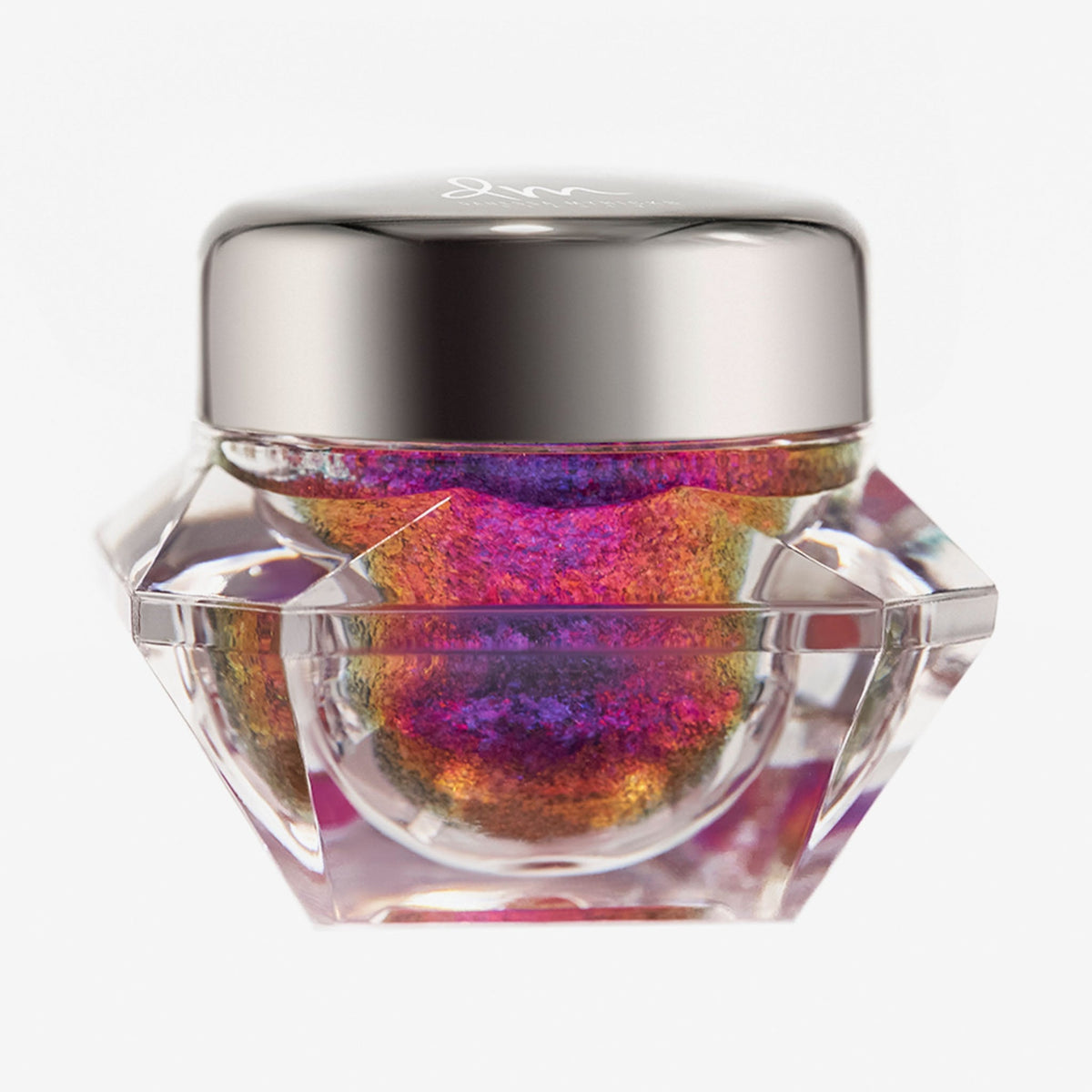 Transparenter Tiegel Infinite Chrome Flakes Superstar mit bunt schillerndem Inhalt und silbernem Deckel vor weißem Hintergrund.